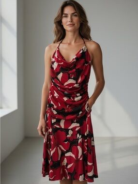 Red Floral Kentucky Derby Halter Dress